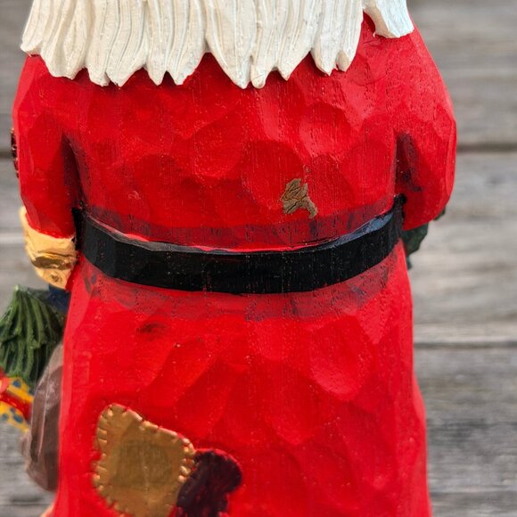Vintage Primitive Folk Art SANTA Figure Resin Carved Wood Look Bunny Gift Sack - Picture 6 of 8